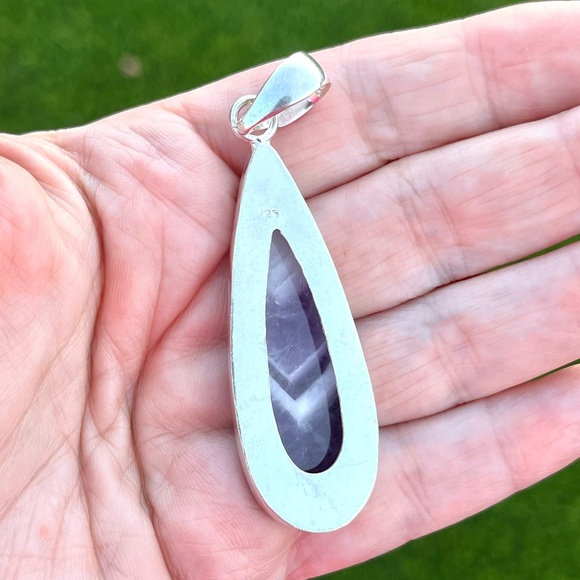 Large Teardrop Natural Chevron Amethyst 2.5” Sterling Silver Pendant - Picture 5 of 6
